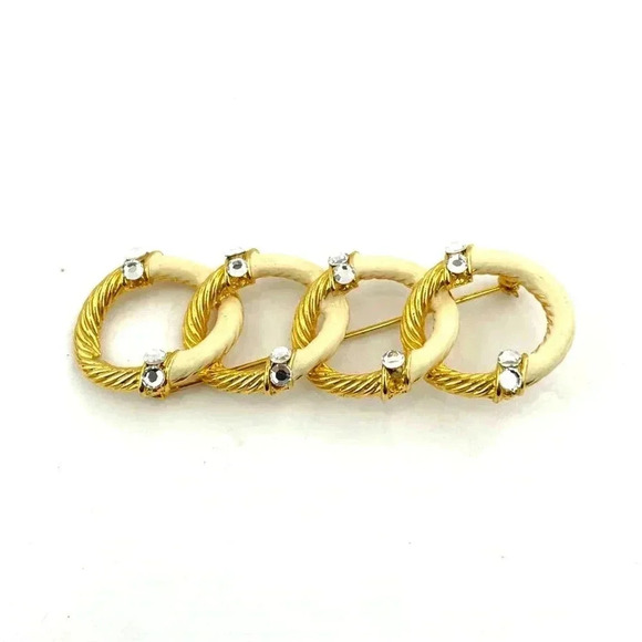VTG Gold Tone Enamel Brooch Pin Clear Rhinestone Circle Loop Retro - Picture 8 of 8